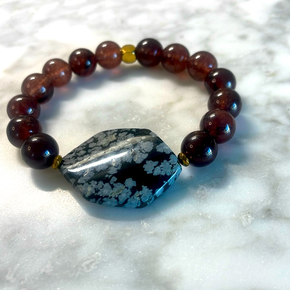 Brown agate & snow flake obsidian bracelet